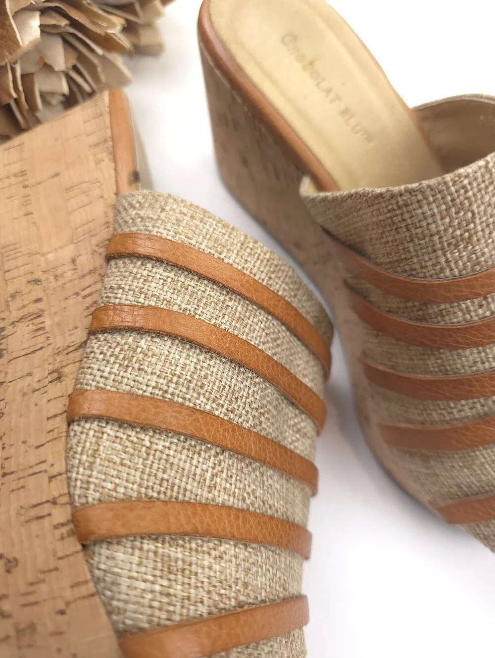 Chocolat Blu Woven Tan Cork Wedge Slide Sandals - Sz 8